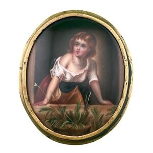 Antique Victorian Hand Painted Porcelain Portrait Brooch Miniature Pastoral